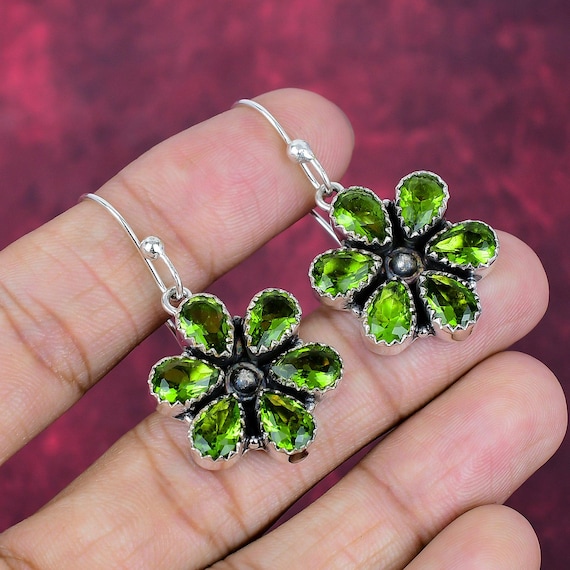 Beautiful Green Peridot Earring, 925 Sterling Silver Earring, Peridot Flower Shape Earring, Handmade Gemstone Earring Duty Free Jewelry