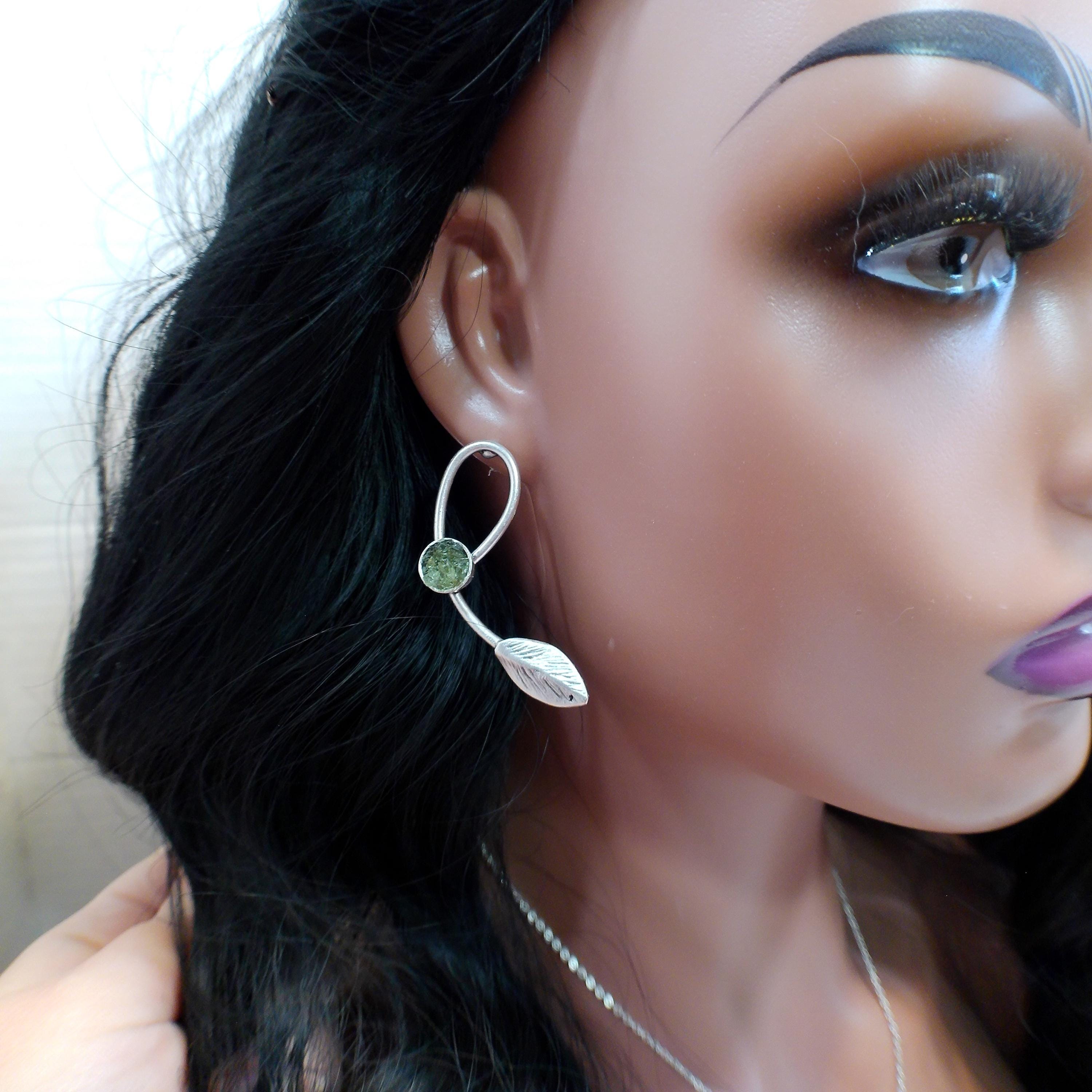 Crushed Peridot Stone Forest Fae Leaf Earrings