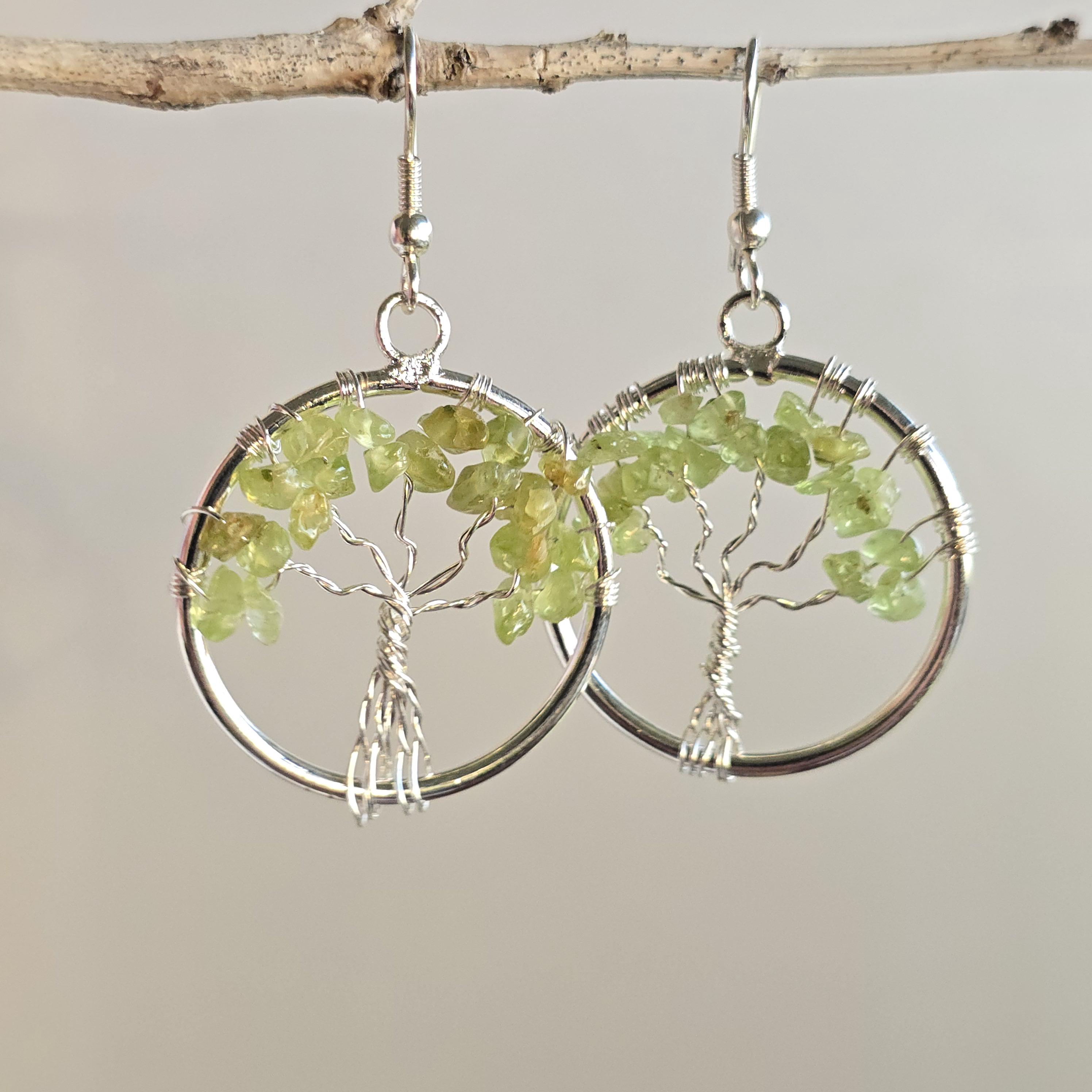 Peridot Crystal Earrings: Tree Of Life Dangle Earrings
