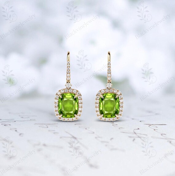 Peridot Dangle Drop Earrings For Women 925 Sterling Silver Green Gemstone Earrings Cushion Cut Peridot Wedding Dangle Drops Halo Design Drop