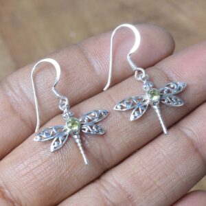 Peridot Dragonfly Earrings: Sterling Silver, Faceted Gemstone Peridot Dragonfly Earrings: Sterling Silver, Faceted Gemstone
