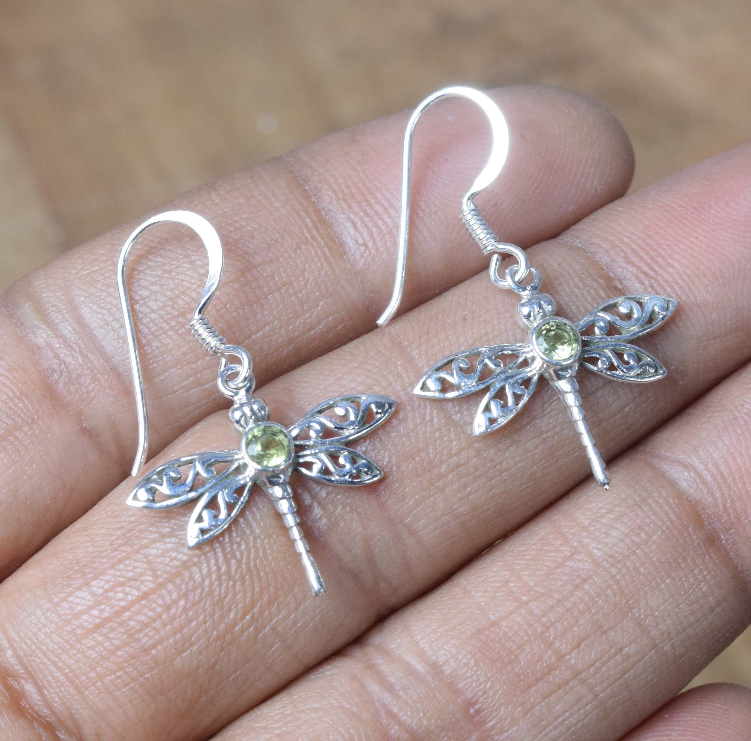 Peridot Dragonfly Earrings: Sterling Silver, Faceted Gemstone