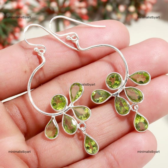 Green Peridot Earrings, 925 Silver Plated, Dangle Drop Earrings