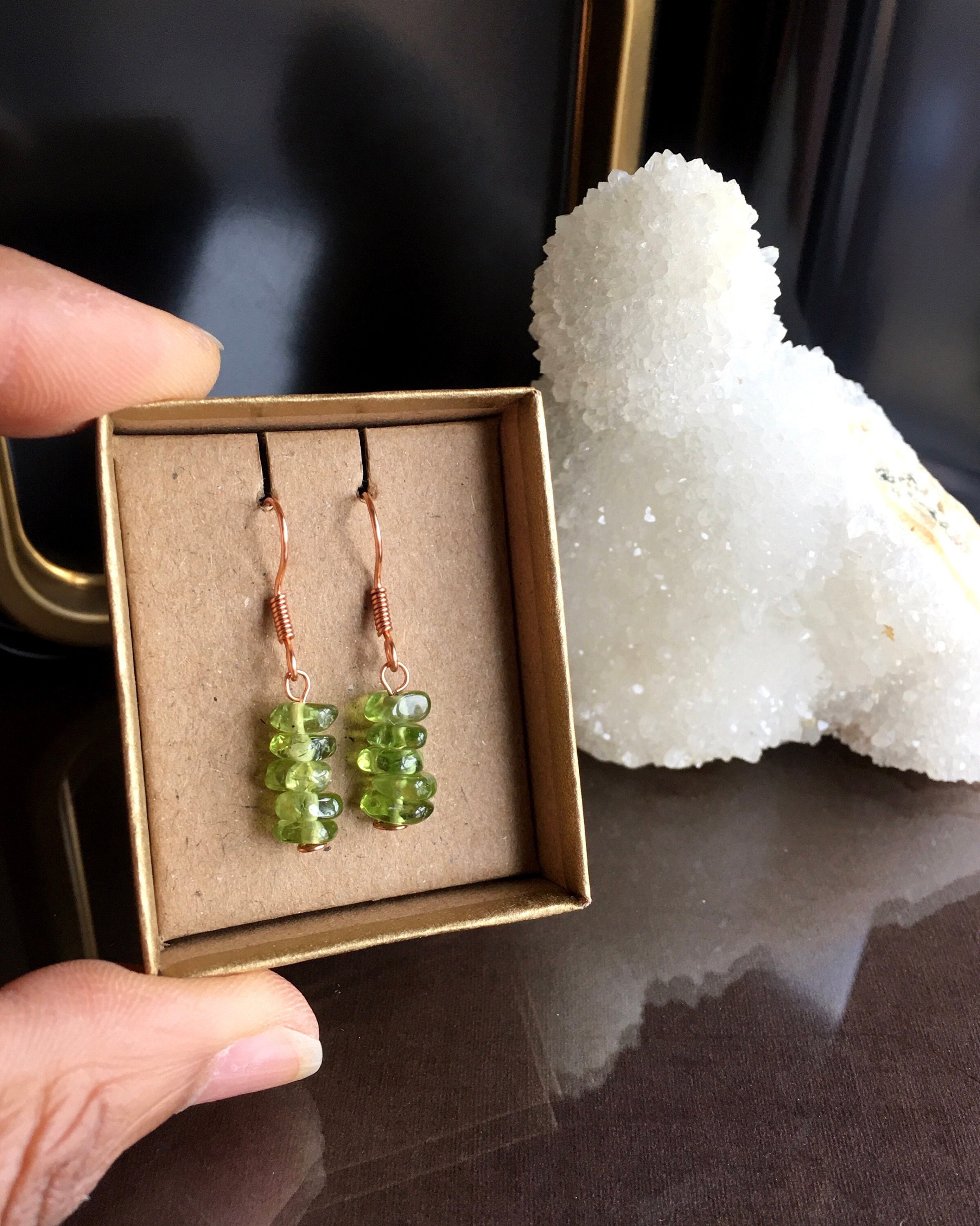 Handmade Peridot Copper Drop Earrings, Gift Boxed Handmade Peridot Copper Drop Earrings, Gift Boxed