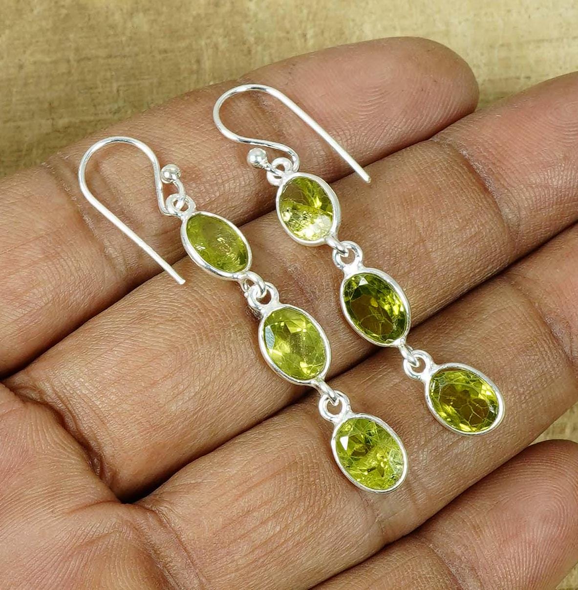 Handmade Peridot Earrings: Sterling Silver 3-stone Dangle Earrings