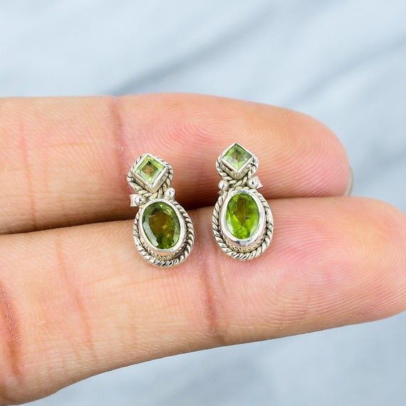 Handmade Peridot Stud Earrings: 925 Sterling Silver, August Birthstone