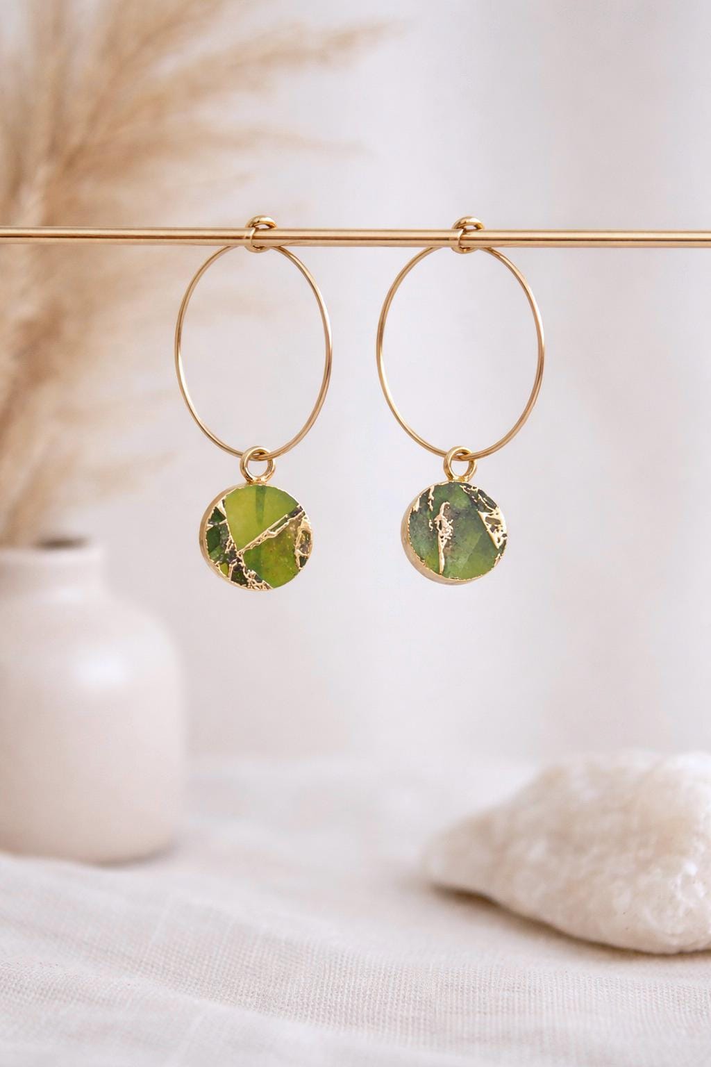 Peridot Mojave Hoop Earrings, Gold Filled Hoops With Kinstugi Style Gemstone Charms, August Birthstone Gift For Her, Boho Minimalist Jewelry Peridot Mojave Hoop Earrings, Gold Filled Hoops With Kinstugi Style Gemstone Charms, August Birthstone Gift For Her, Boho Minimalist Jewelry
