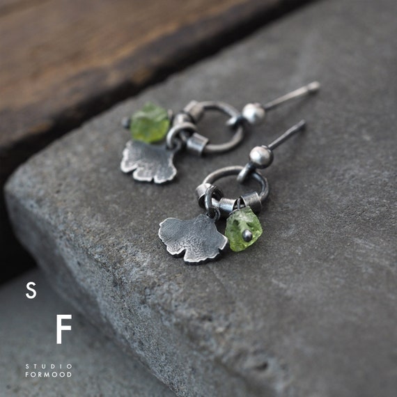 Oxidized Sterling Silver Ginkgo Leaf Earrings With Raw Peridot Oxidized Sterling Silver Ginkgo Leaf Earrings With Raw Peridot