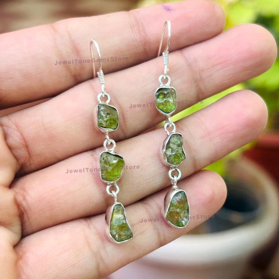 Raw Peridot Crystal Dangle Earrings, 925 Sterling Silver, Handmade Raw Peridot Crystal Dangle Earrings, 925 Sterling Silver, Handmade