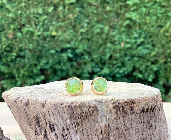 Raw Peridot Stud Earrings: 18k Gold Vermeil, August Birthstone Raw Peridot Stud Earrings: 18k Gold Vermeil, August Birthstone