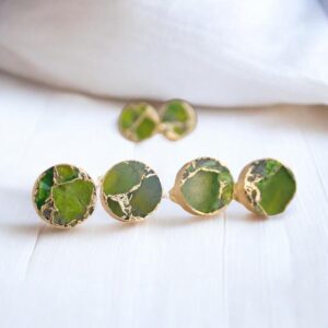 Round Peridot Green Mojave Turquoise Stud Earrings – August Birthstone Gift For Her - Minimalist Boho Post Earrings - Peridot Jewelry Gift