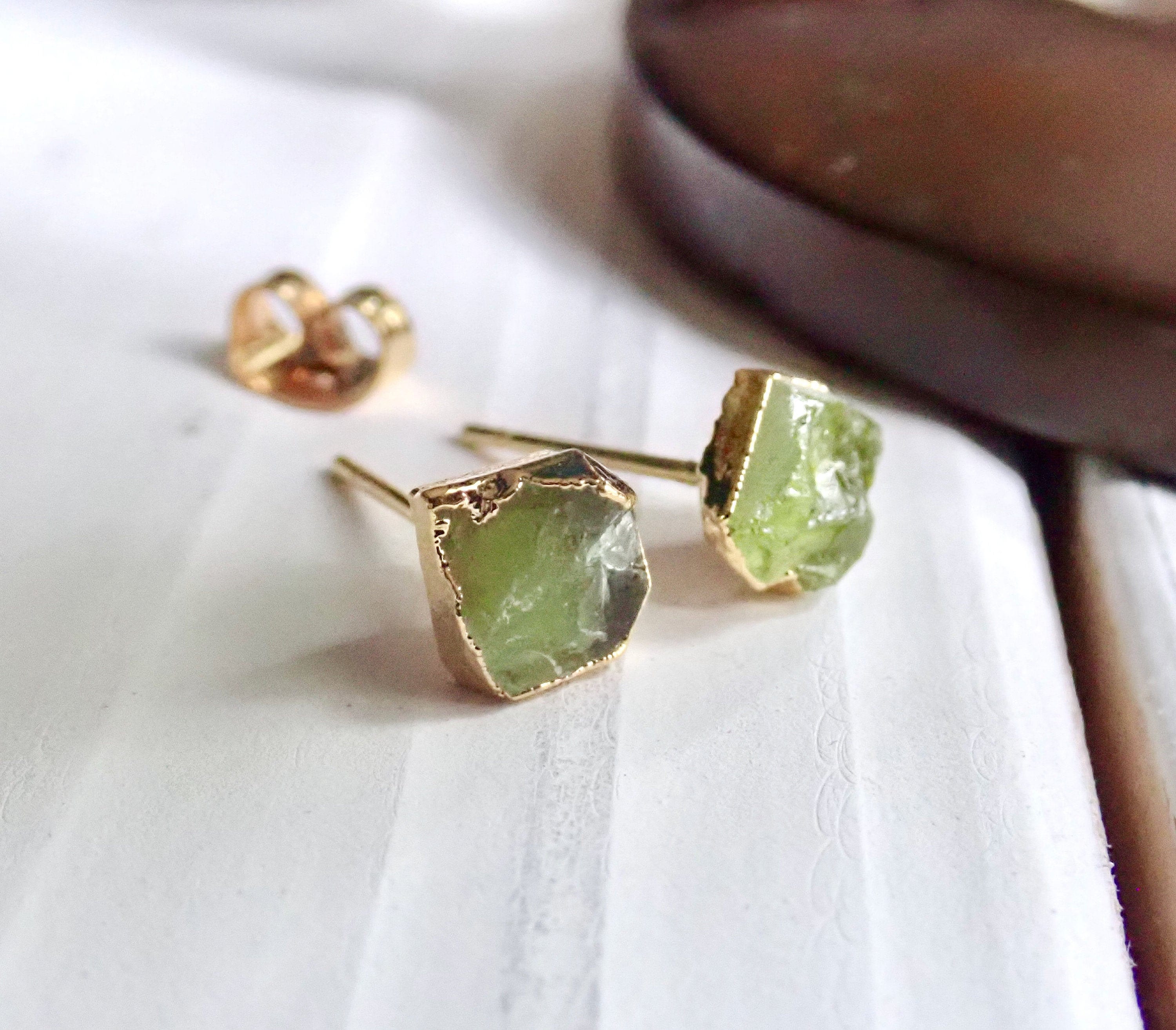 Small Raw Peridot Studs Earrings, Tiny Green Gemstone Posts, August Birthstone Gift For Her,