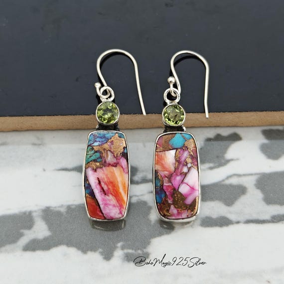 Spiny Oyster Turquoise Peridot Earrings: Handmade Sterling Silver Spiny Oyster Turquoise Peridot Earrings: Handmade Sterling Silver