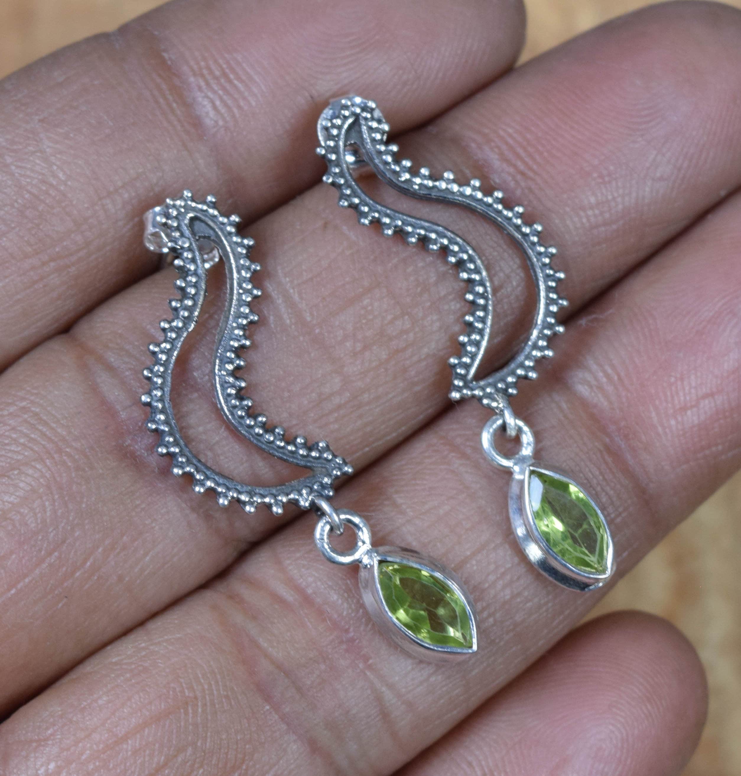 Peridot Sterling Silver Hook Earrings: Handmade Faceted Gemstone