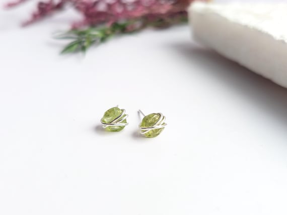 Peridot Stud Earrings Sterling Silver 14k Gold Filled August Birthstone Jewellery Wire Wrapped Gift For Her Dainty Earring Studs