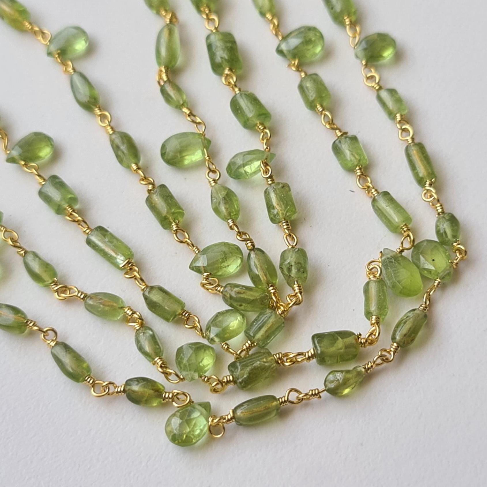 Peridot Rosary Chain Necklace - Faceted Pear & Drum, 925 Silver, Green
