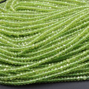 Stunning Natural Green Peridot 2mm 3mm 4mm Faceted Rondelle Beads Micro Laser Diamond Cut Real Genuine Peridot Gemstone 15.5" Strand