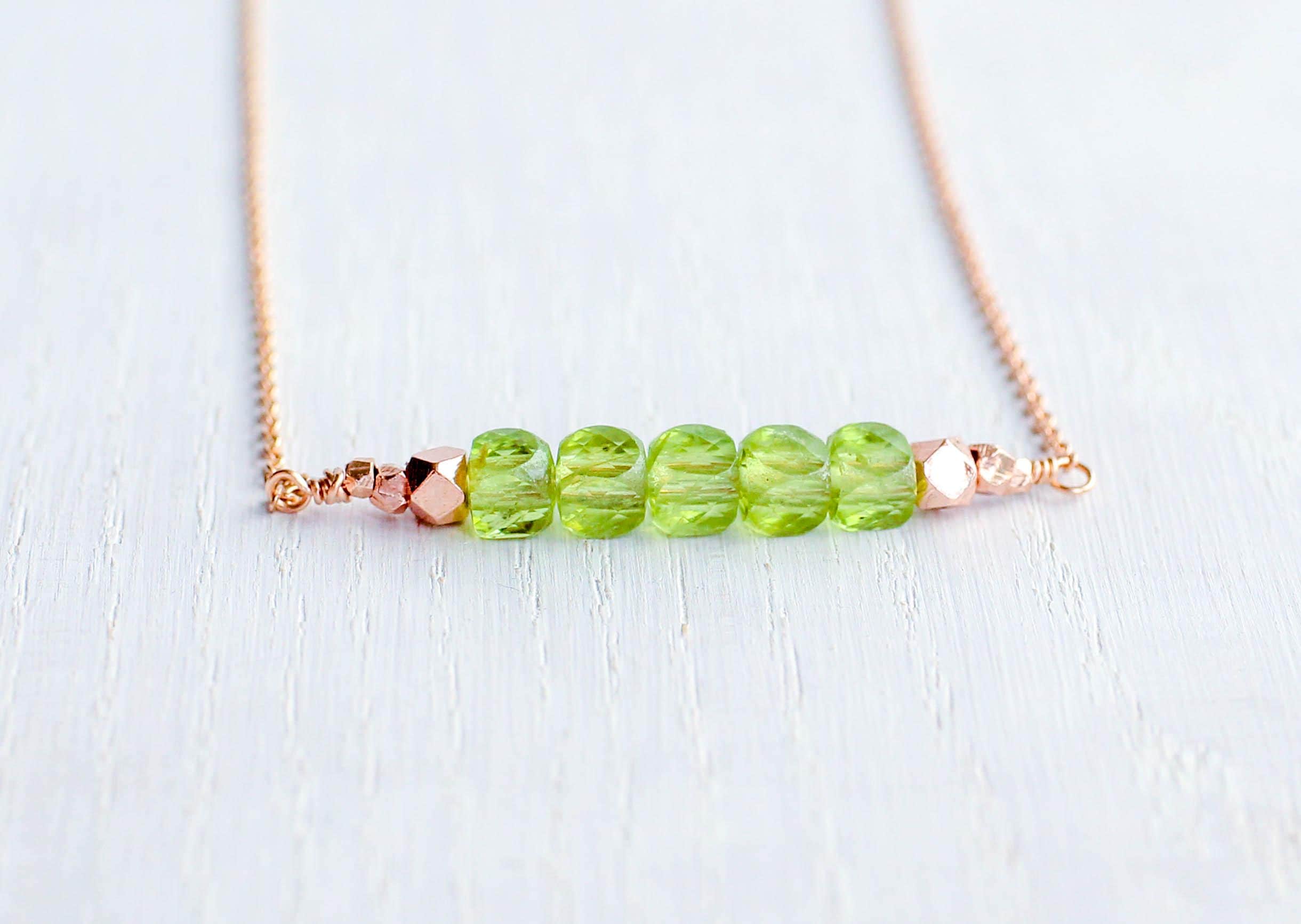 Peridot Bar Necklace: Rose Gold August Birthstone Jewelry