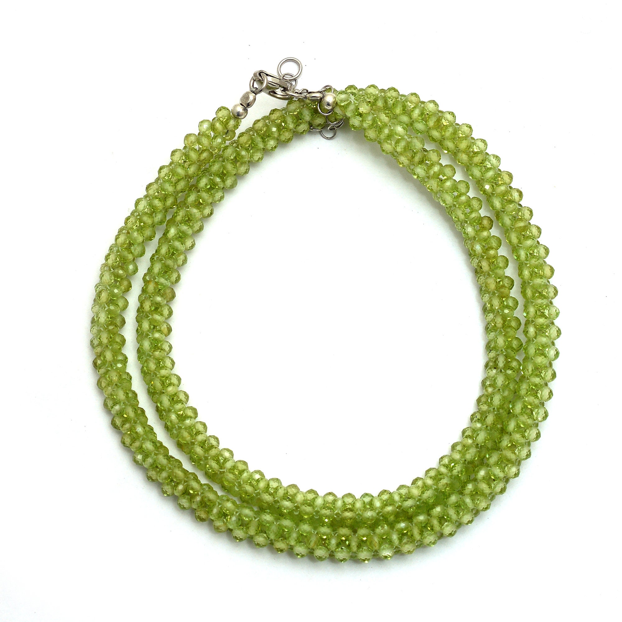 Peridot Beaded Rope Necklace, Hand Woven, Micro Faceted 3mm Beads