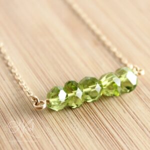 Green Peridot Necklace, 14k Gold Fill, August Birthdays, Beaded Bar Necklace