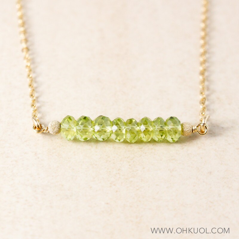 Green Peridot Beaded Bar Necklace, August Birthdays, Row Of Stones