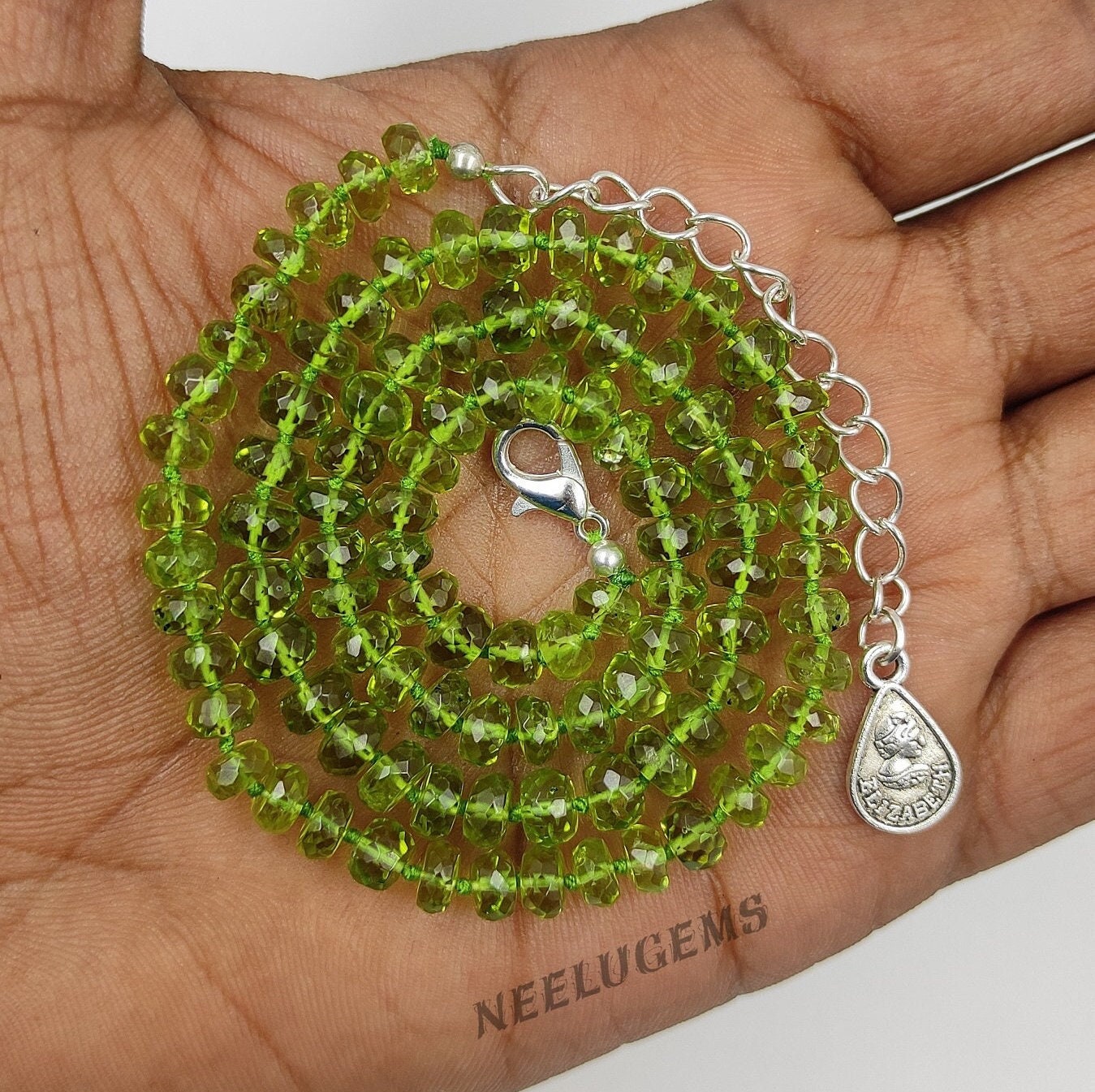 Hand Knotted Peridot Necklace - Faceted Green Gemstone Bead Mala - August Birthstone Jewelry - 16" Adjustable Choker - Lime Stone Gift