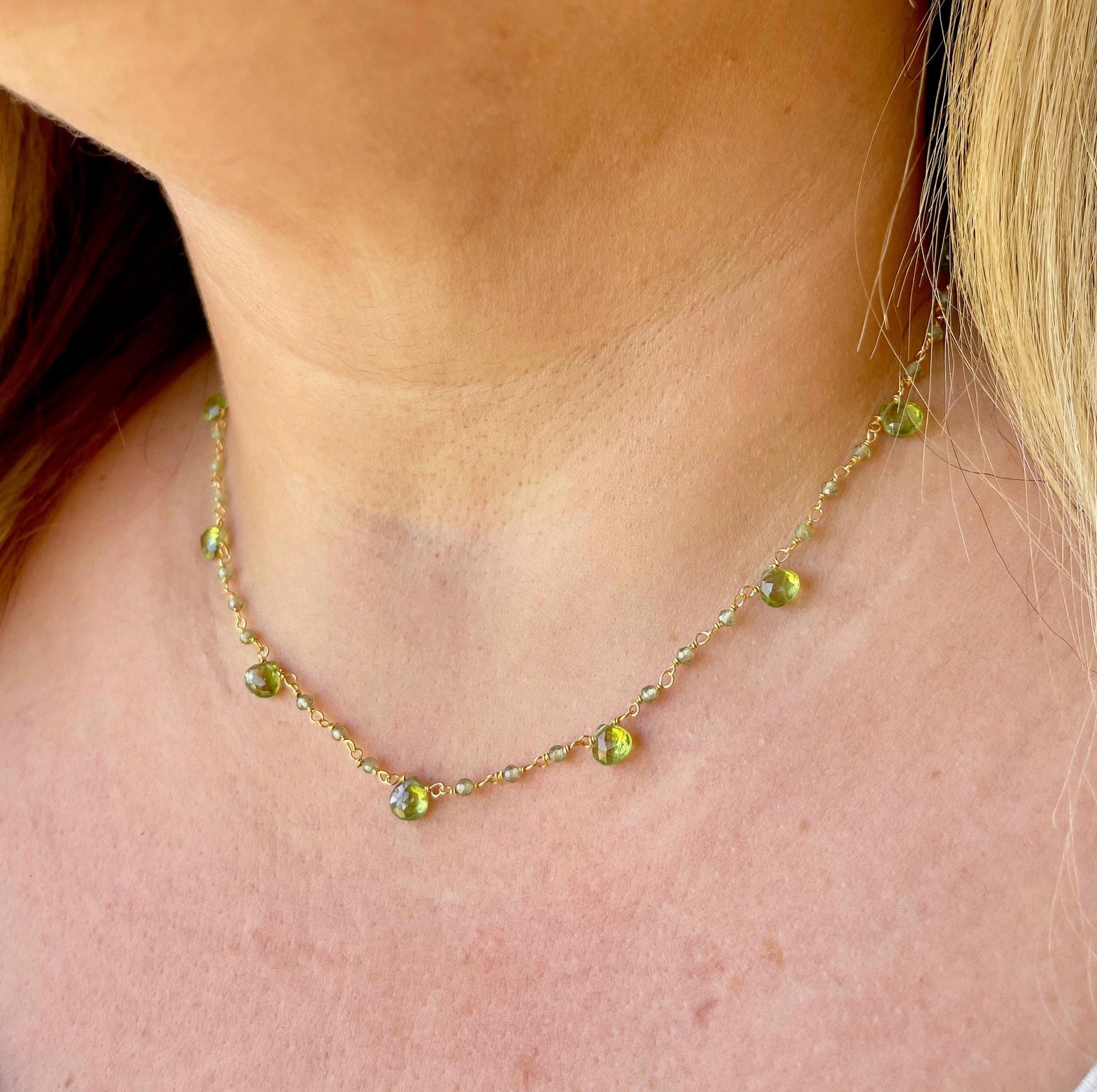 Peridot Necklace, Lime Green Beaded Choker In Gold Or Silver, Wire Wrapped Dainty Minimalist Necklace, August Birthstone, Mother's Day Gift
