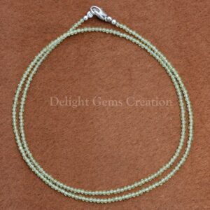 Natural Green Peridot Gemstone Beaded Necklace, 2mm Faceted Round, 18 Inch