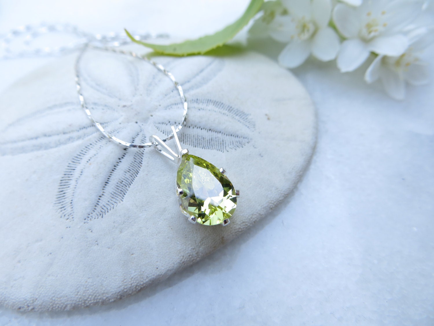 Pear Peridot Green Cz Sterling Silver Necklace, August Birthstone