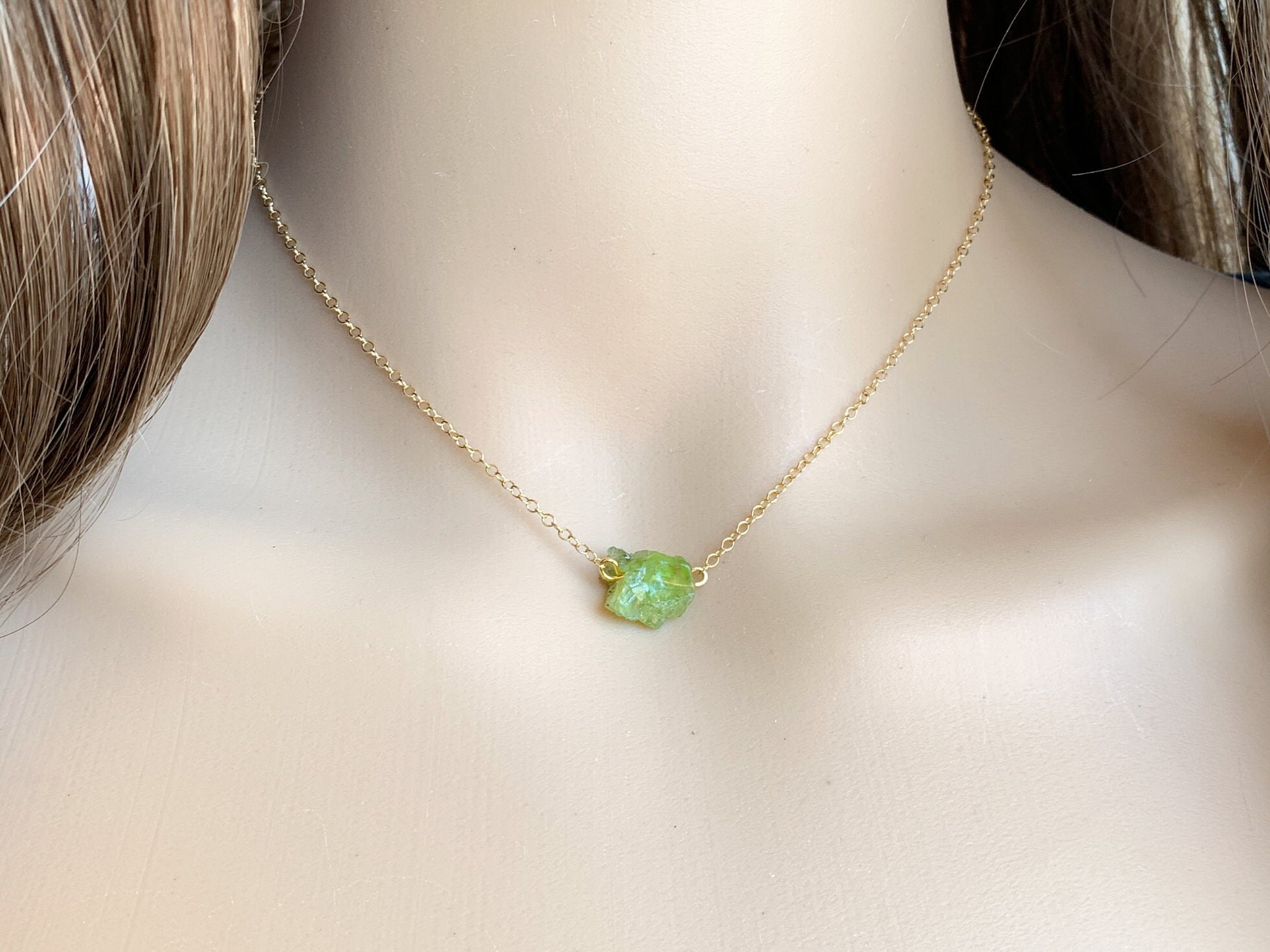Raw Peridot Necklace, Small Green Gemstone Necklace Sterling Silver Or Gold Green Crystal Necklace, August Birthstone Necklace Gift For Her