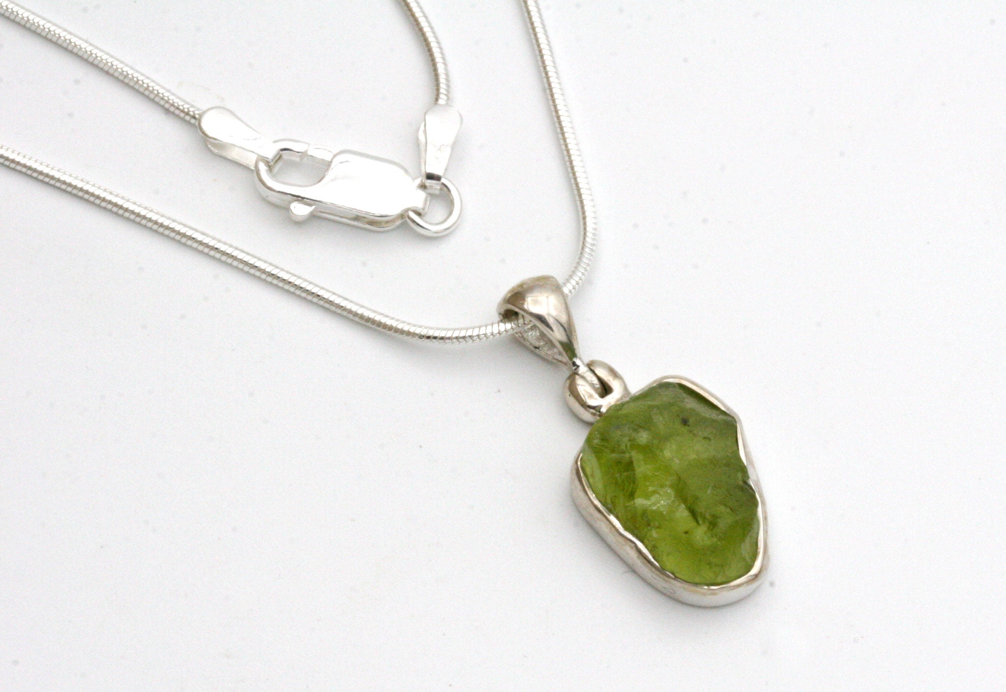 Raw Peridot Necklace: Sterling Silver Bezel, August Birthstone