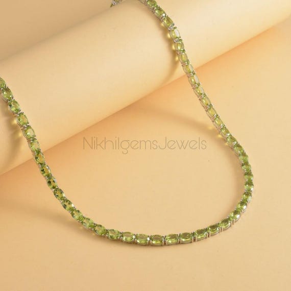 Peridot Tennis Necklace: Platinum Plated Sterling Silver August Birthstone