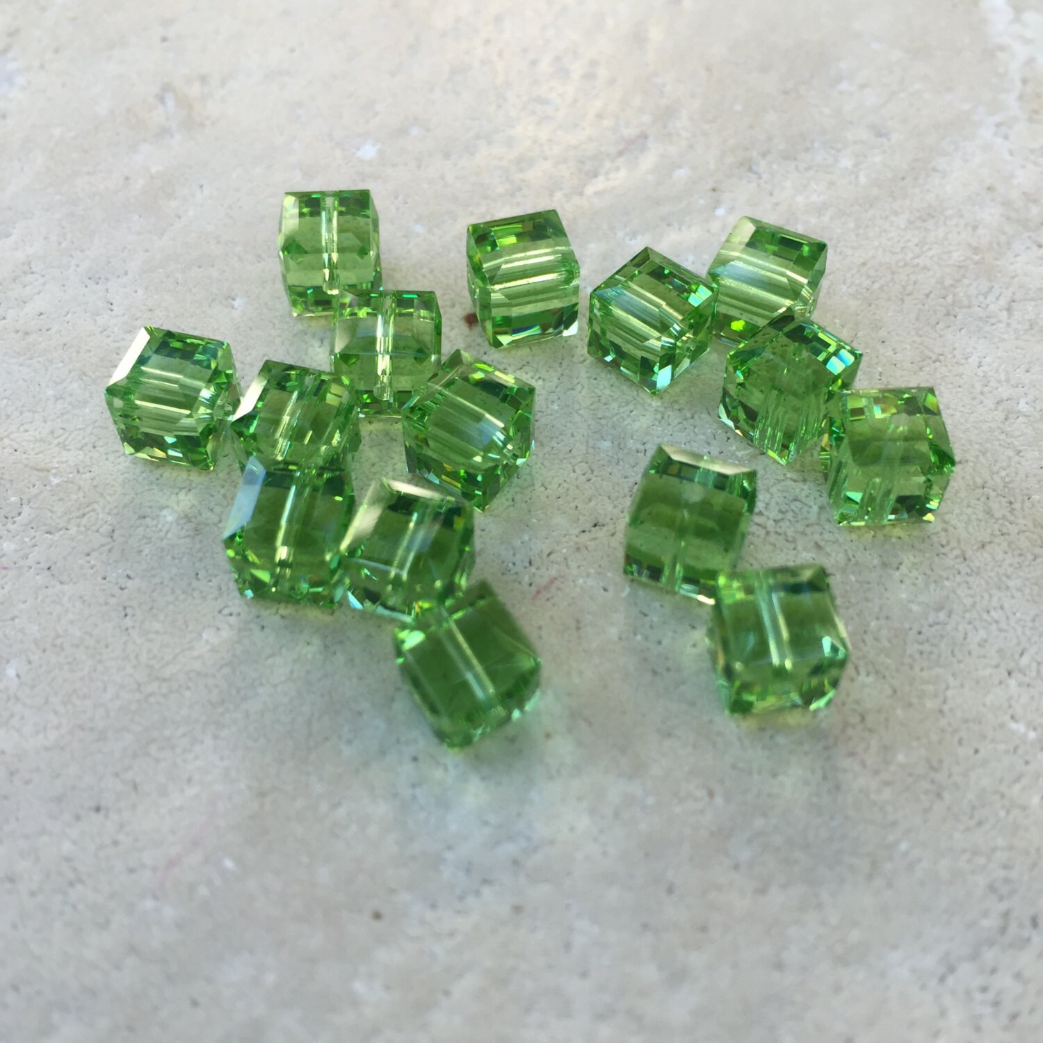 Peridot Crystal Cube, 15 Beads, 6mm