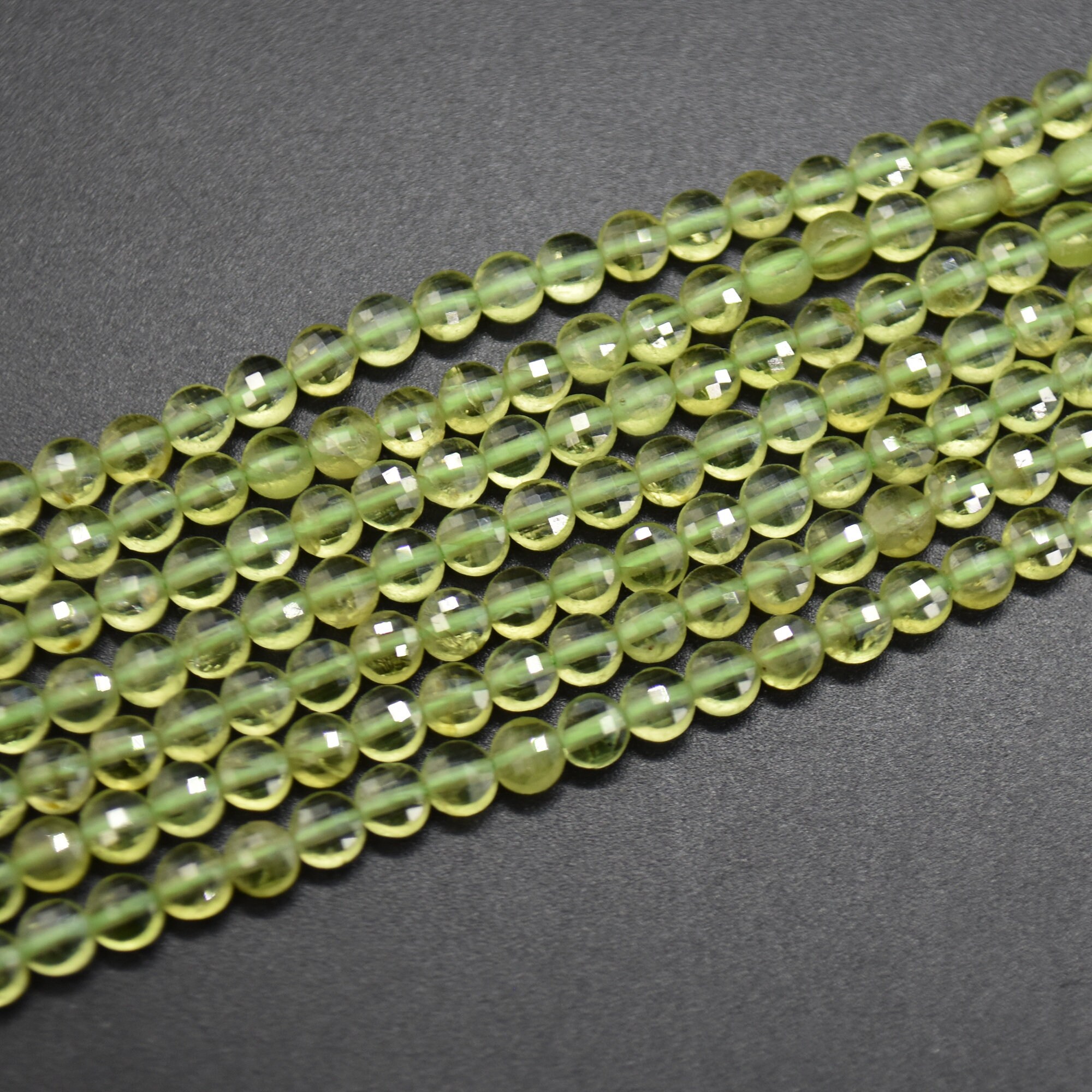 Peridot Gemstone Faceted Coin Disc Beads - 4mm - 15" Strand