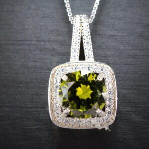 18kgp @ Sterling Silver Green Peridot Necklace - Square Halo Style Round Cut Lab Created Peridot Pendant 086