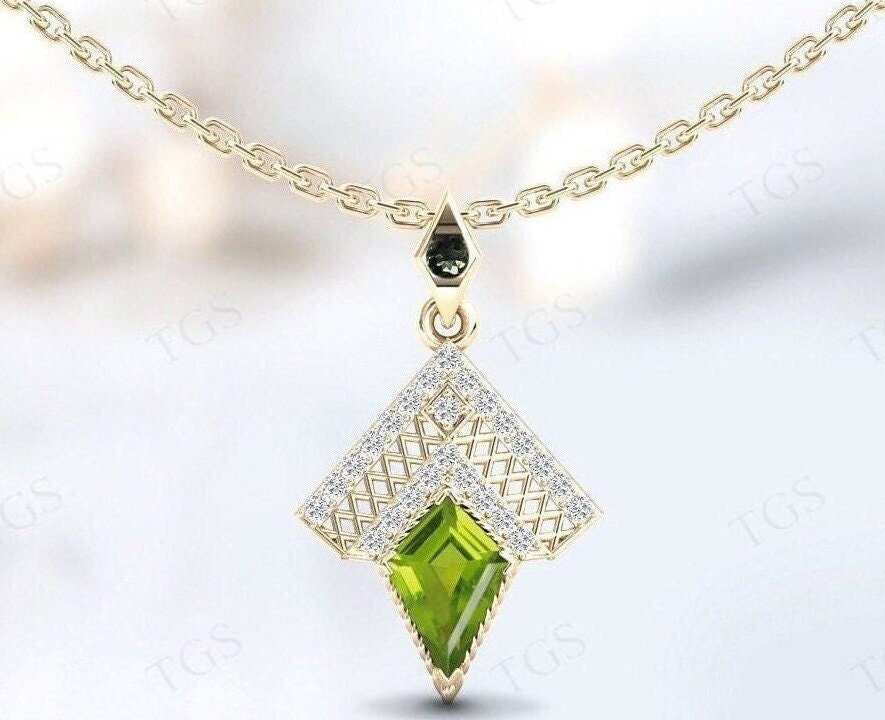 Art Deco Kite Pendant For Women Vintage Kite Shaped Peridot Statement Pendant Rose Gold Peridot Pendant Unique Chevron Style Pendant For Her