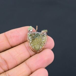 Carved Peridot Flower Pendant, Electroformed Copper Jewelry