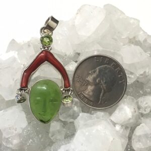 Carved Sleeping Buddha, Red Branch Coral and Peridot Charm Pendant
