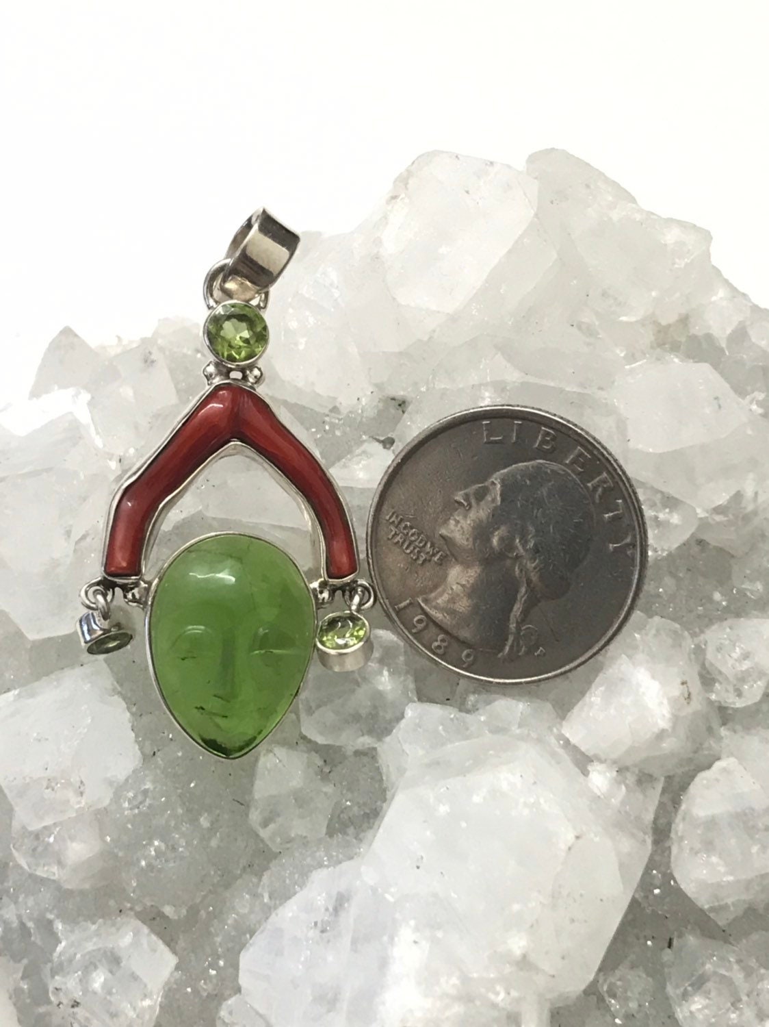 Carved Sleeping Buddha, Red Branch Coral And Peridot Charm Pendant Carved Sleeping Buddha, Red Branch Coral And Peridot Charm Pendant