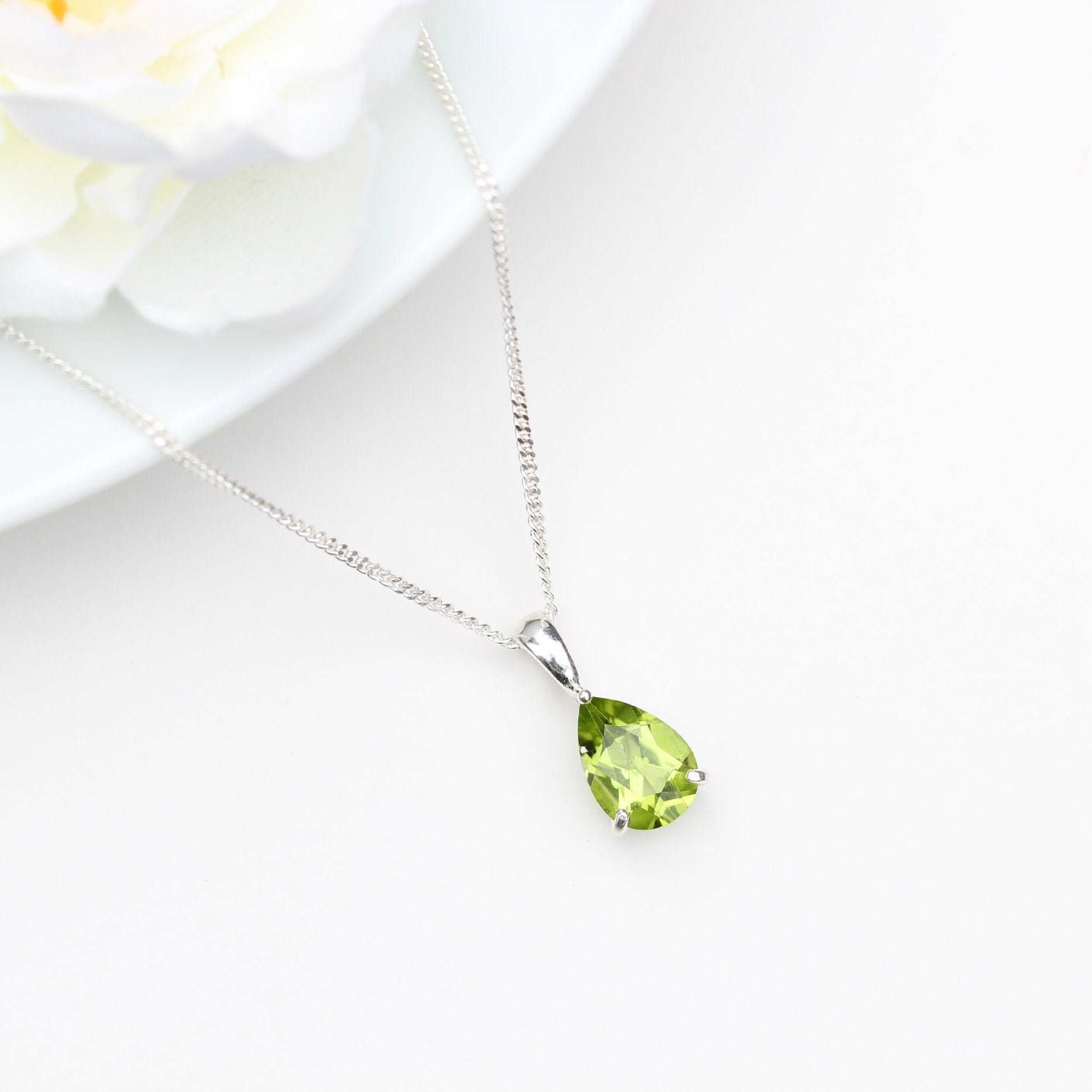 Cubic Zirconia Coloured Peridot Necklace Silver 10x7mm - Cz Teardrop Peridot Pendant - Peridot 16th Anniversary August Birthstone
