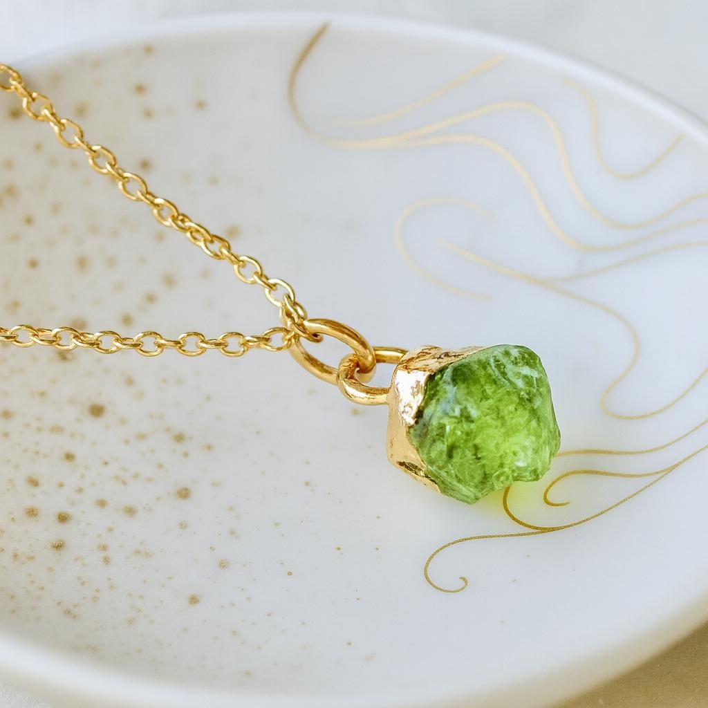 Dainty Raw Peridot Pendant Necklace, August Birthstone Jewelry, Natural Gemstone Pendant, Green Crystal Charm Necklace, Gift For Her