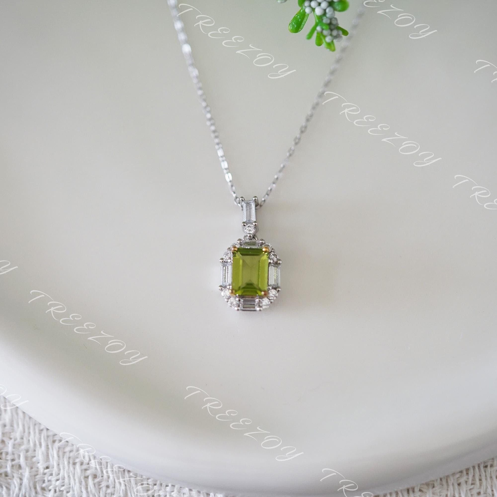 Emerald Cut Peridot Necklace: Sterling Silver August Birthstone Pendant Emerald Cut Peridot Necklace: Sterling Silver August Birthstone Pendant
