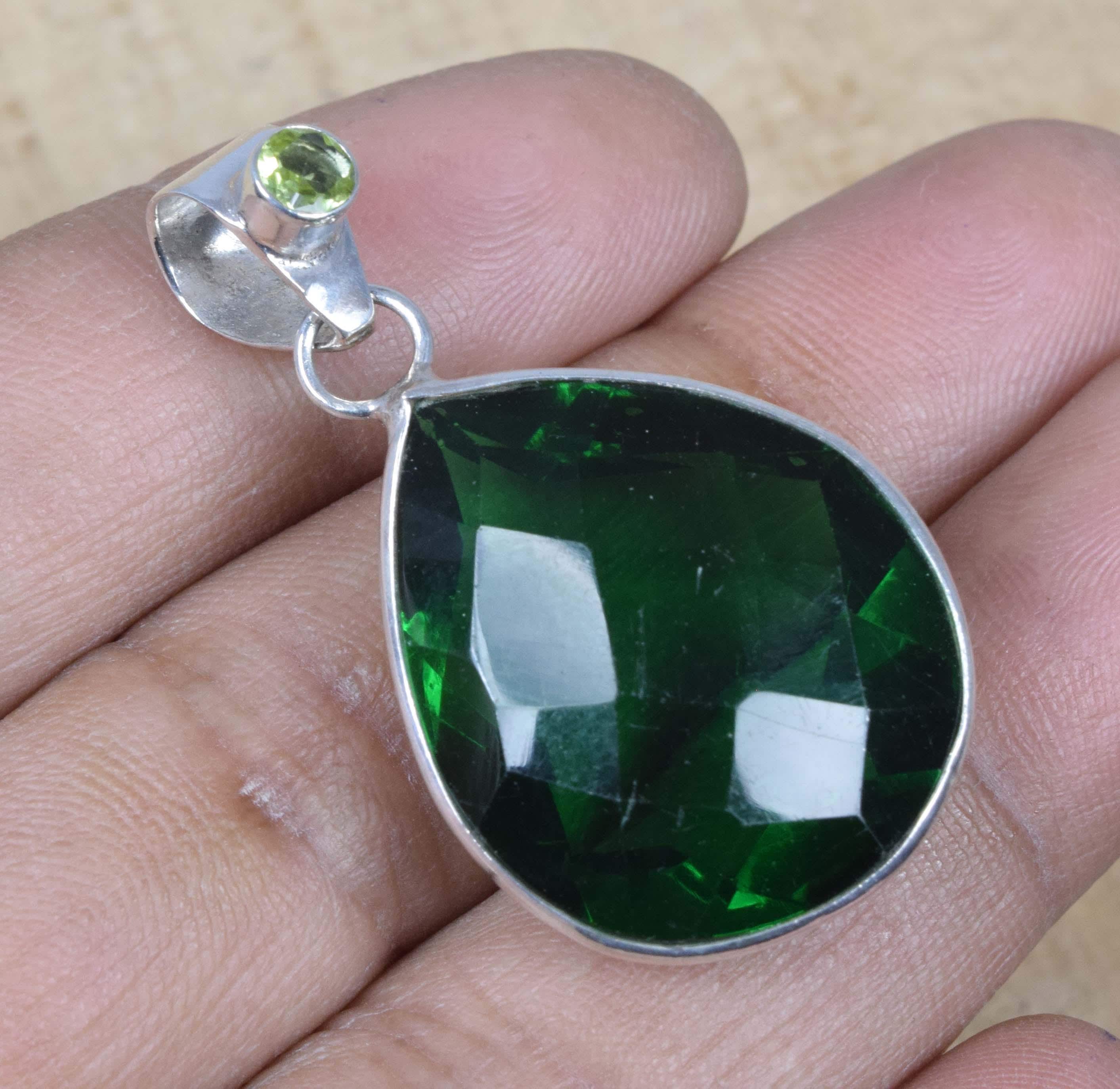 Emerald Quartz 925 Sterling Silver Pendant: Pear Faceted Peridot Gemstone