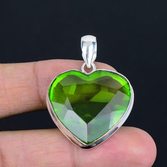 Faceted Peridot Heart Pendant: Antique Sterling Silver Jewelry