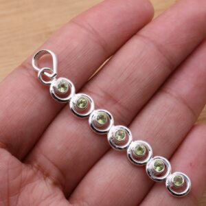 Green Peridot Sterling Silver Pendant: Long Faceted 7-stone Jewelry