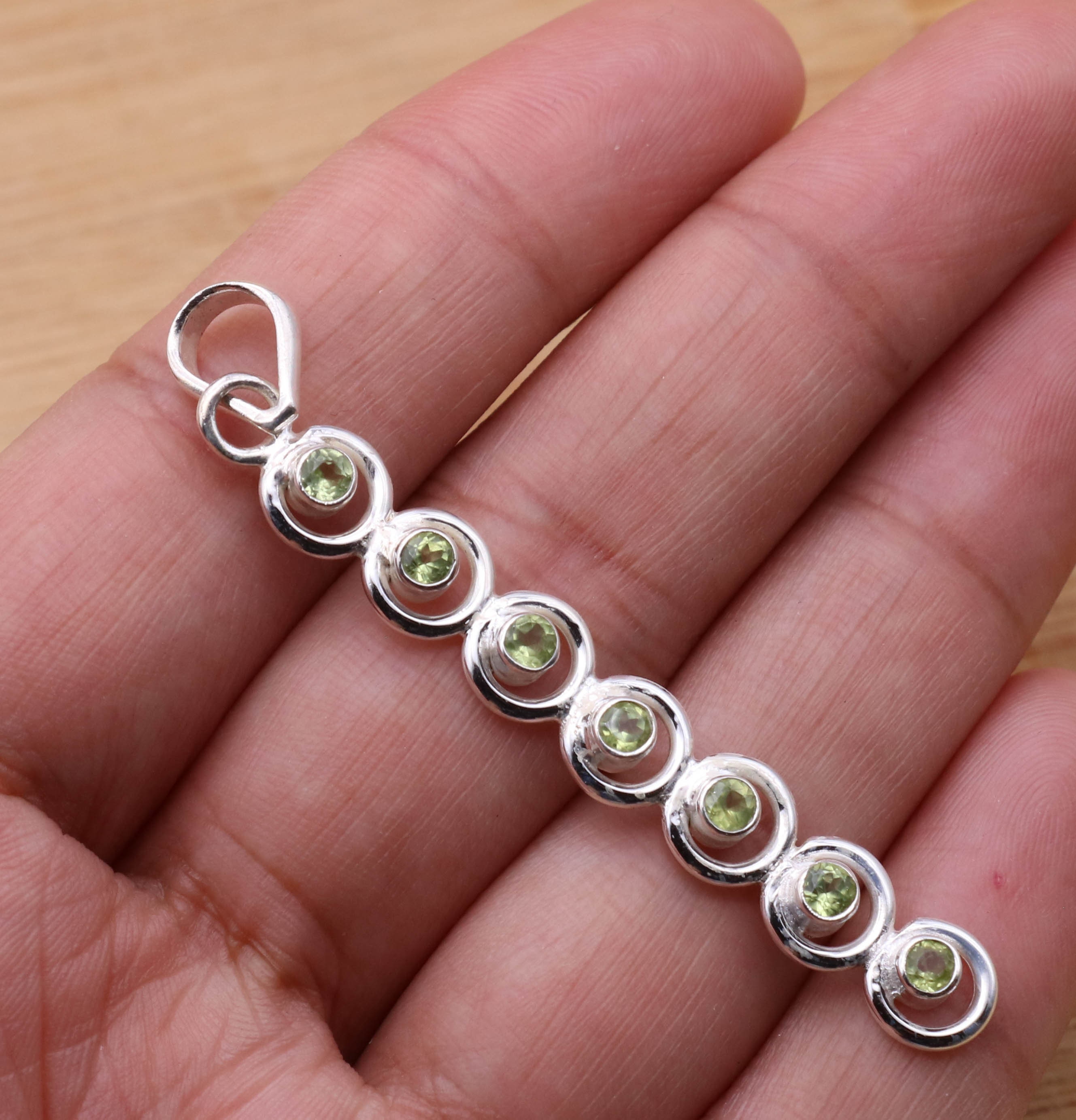 Green Peridot Sterling Silver Pendant: Long Faceted 7-stone Jewelry