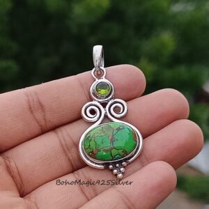 Handmade Sterling Silver Green Copper Turquoise & Peridot Pendant