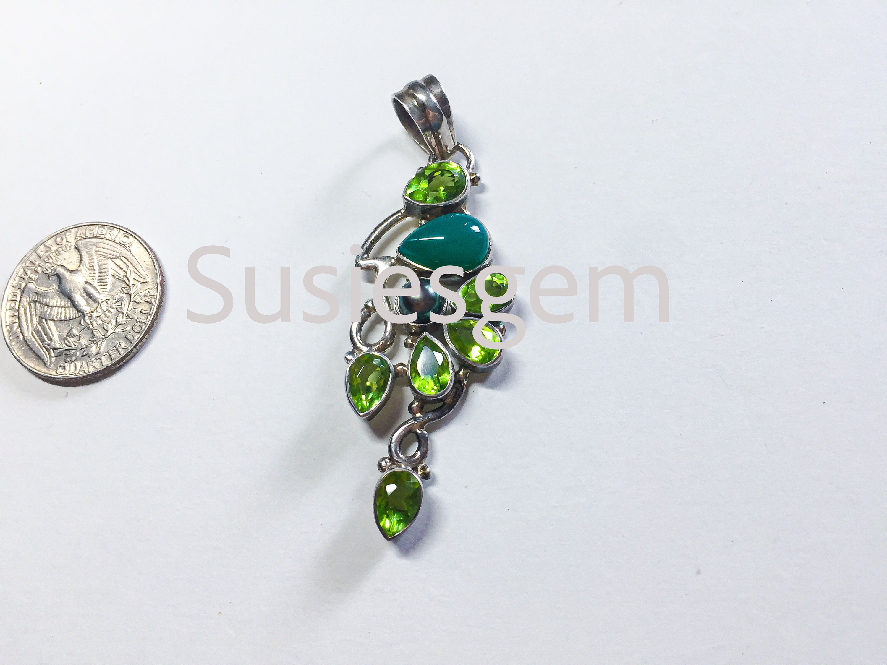 Natural Peridot Pendant. 925 Sterling Silver. Vintage Handmade Necklace Pendant. Multi Stone Jewelry Pendant