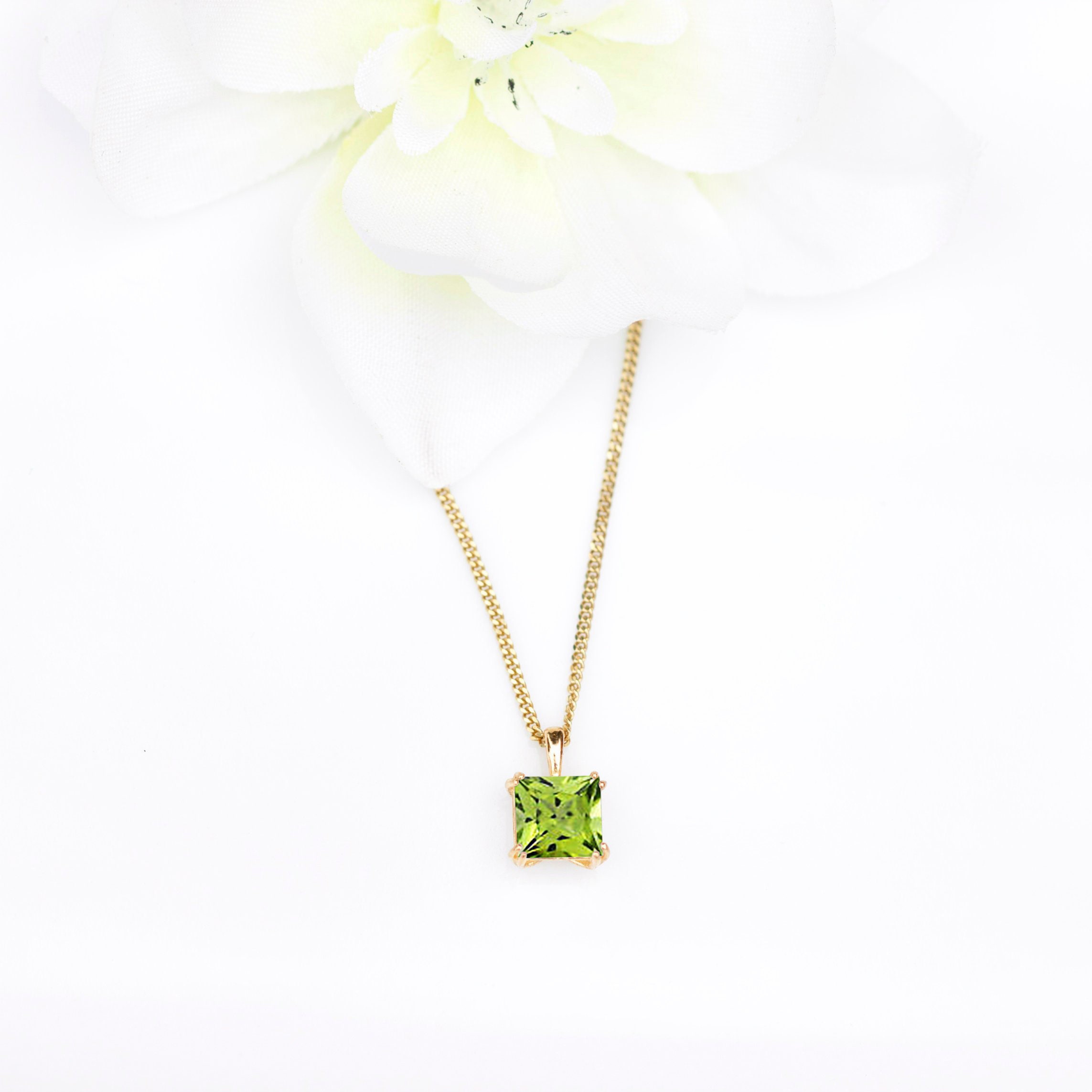 Natural Peridot 9ct Gold Necklace - Square Gemstone Pendant