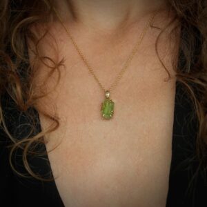 Raw Peridot Crystal Necklace. Rustic 14k / 585 Yellow Gold Prong Set Natural Raw Uncut Peridot Crystal Necklace. Crystal Pendant Necklace